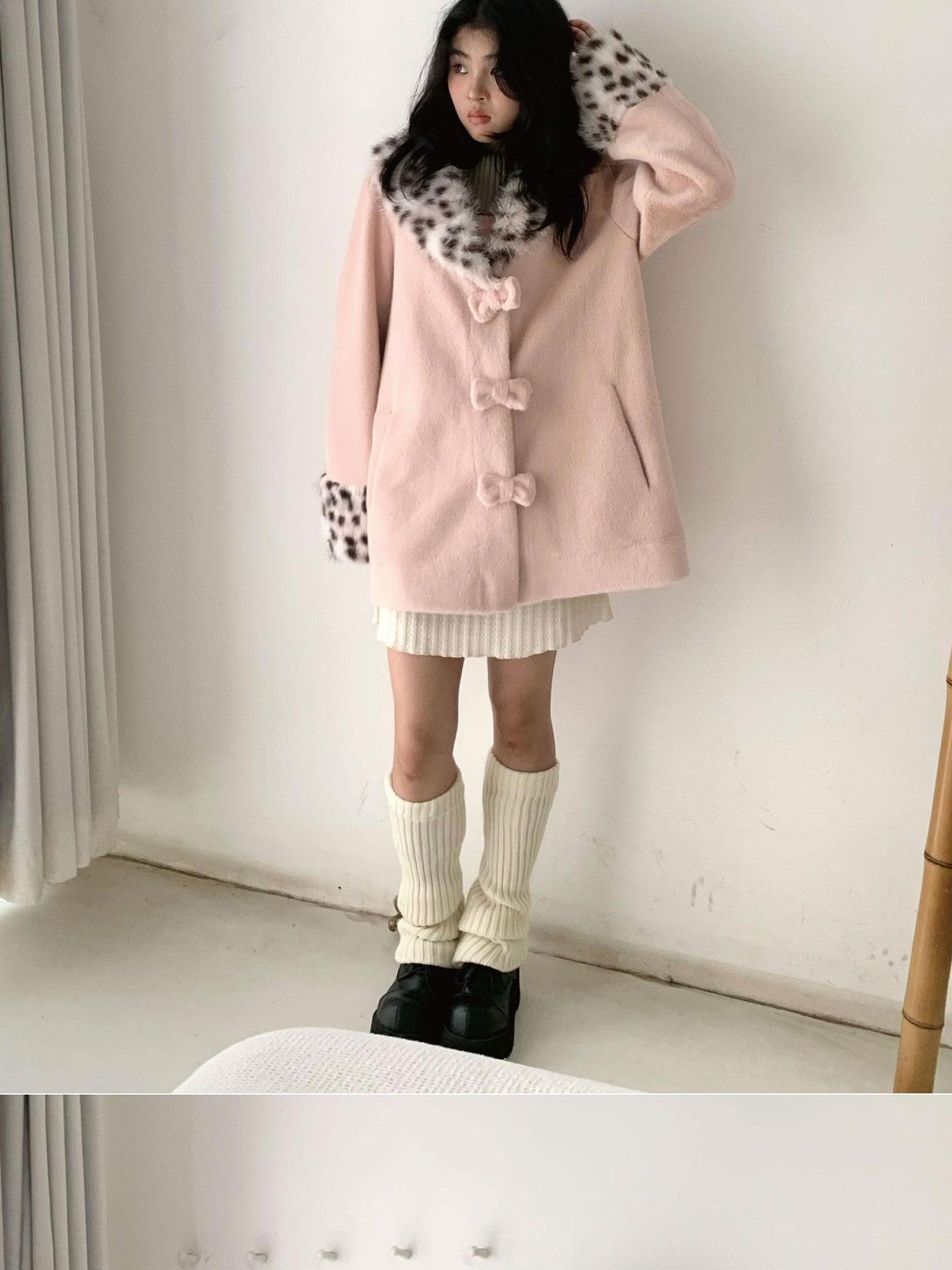 SicAstra Pink Leopard Print Bow Hidden Button Fur Collar Women&