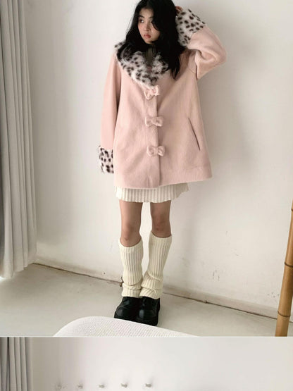 SicAstra Pink Leopard Print Bow Hidden Button Fur Collar Women&