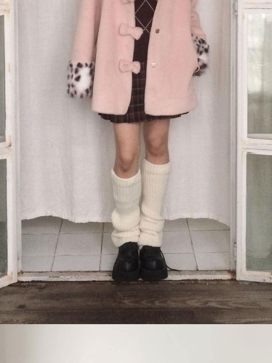 SicAstra Pink Leopard Print Bow Hidden Button Fur Collar Women&