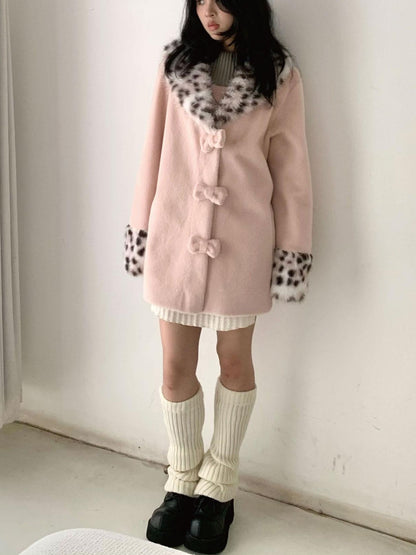 SicAstra Pink Leopard Print Bow Hidden Button Fur Collar Women&