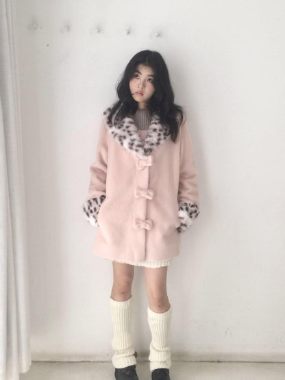 SicAstra Pink Leopard Print Bow Hidden Button Fur Collar Women&