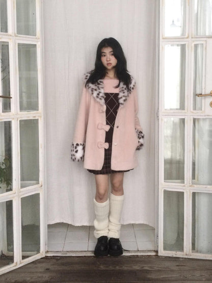 SicAstra Pink Leopard Print Bow Hidden Button Fur Collar Women&