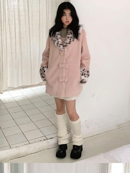 SicAstra Pink Leopard Print Bow Hidden Button Fur Collar Women&