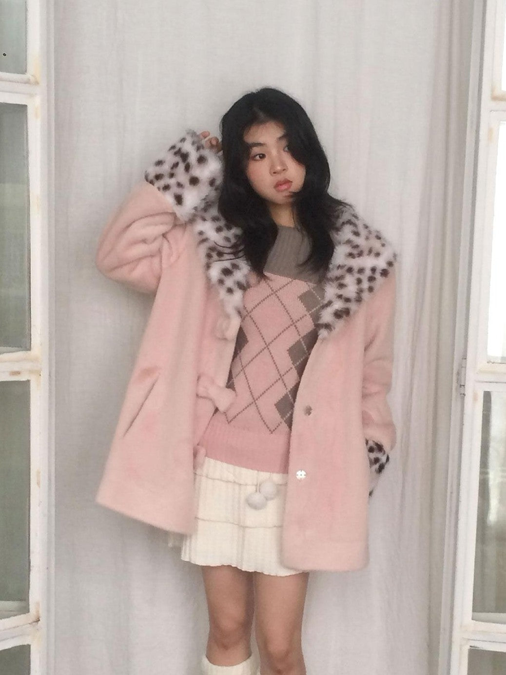 SicAstra Pink Leopard Print Bow Hidden Button Fur Collar Women&