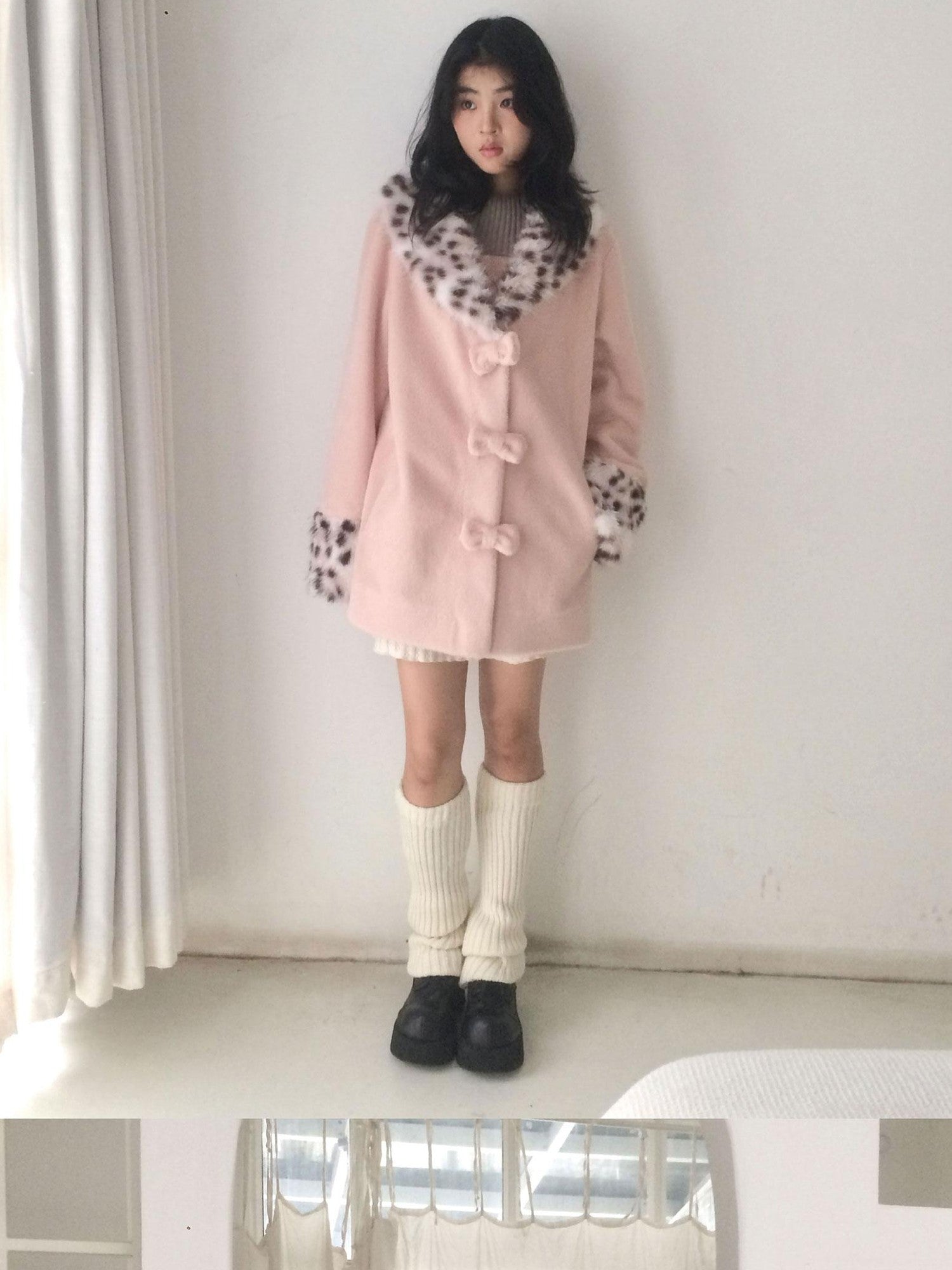 SicAstra Pink Leopard Print Bow Hidden Button Fur Collar Women&