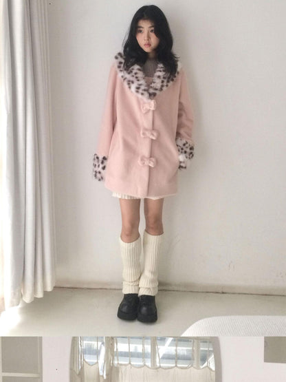 SicAstra Pink Leopard Print Bow Hidden Button Fur Collar Women&