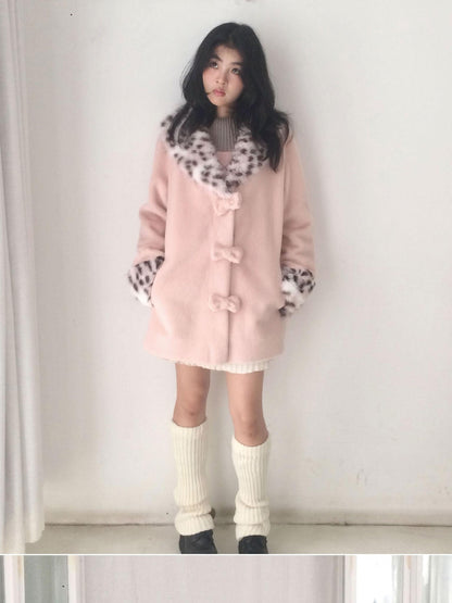 SicAstra Pink Leopard Print Bow Hidden Button Fur Collar Women&