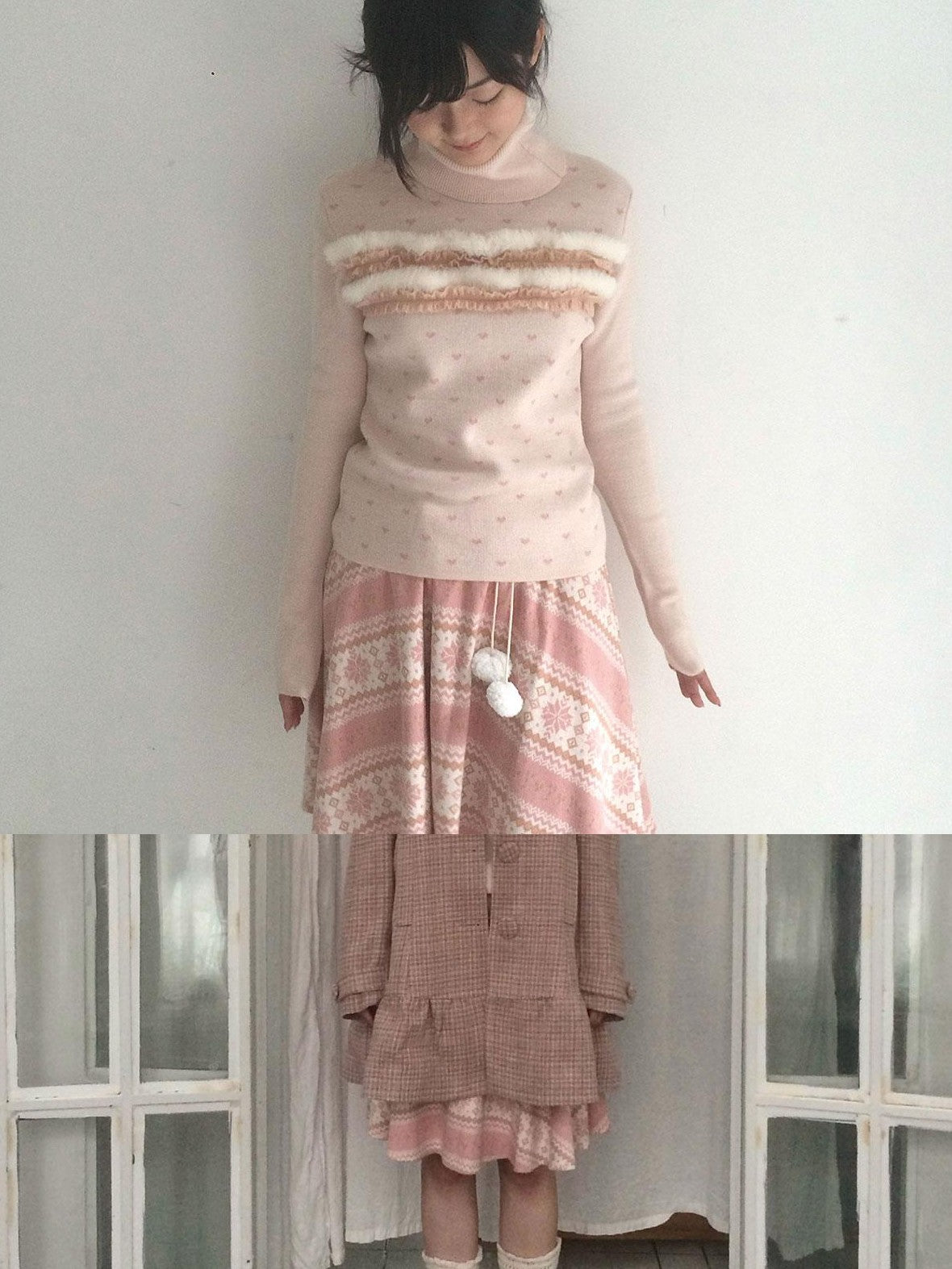 SicAstra Pink Snowflake Vintage Tie Bow Pom Pom Women&
