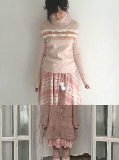 SicAstra Pink Snowflake Vintage Tie Bow Pom Pom Women&