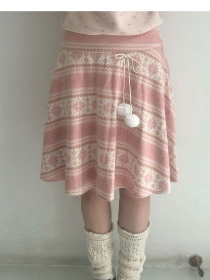 SicAstra Pink Snowflake Vintage Tie Bow Pom Pom Women&