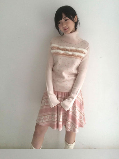 SicAstra Pink Snowflake Vintage Tie Bow Pom Pom Women&
