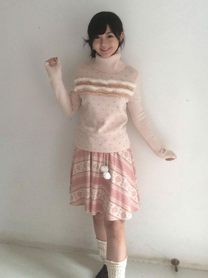 SicAstra Pink Snowflake Vintage Tie Bow Pom Pom Women&