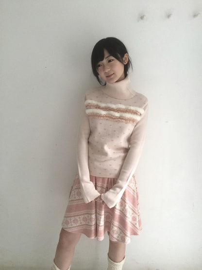 SicAstra Pink Vintage Heart Jacquard High Neck Women&