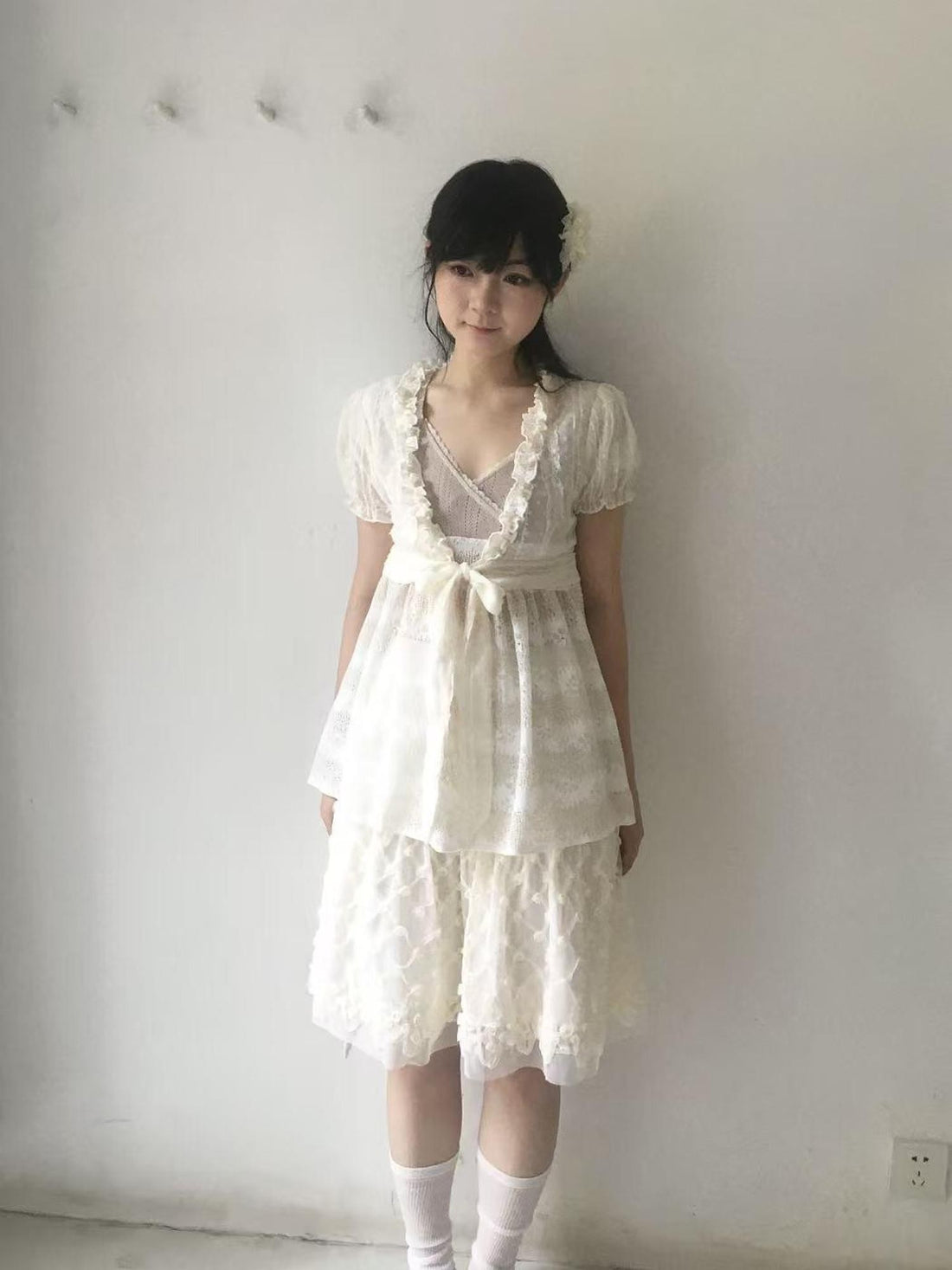 SicAstra Polka Dot Lace Ruffle Tie Bow Puff Sleeve Women&