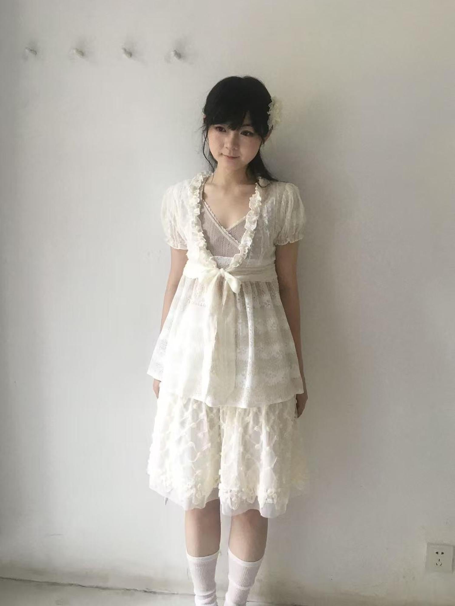 SicAstra Polka Dot Lace Ruffle Tie Bow Puff Sleeve Women&