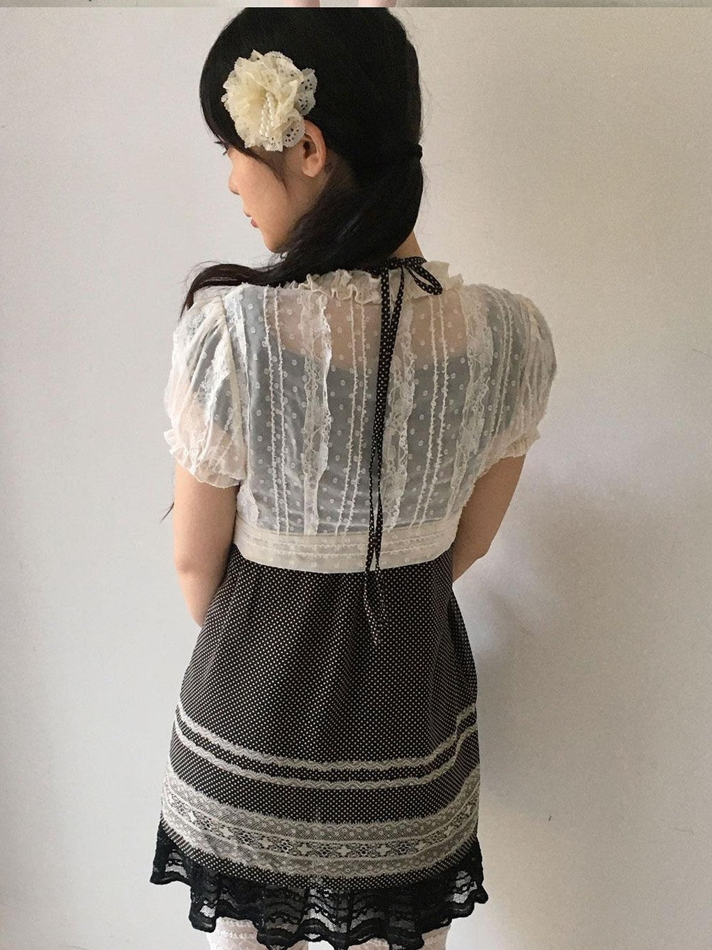 SicAstra Polka Dot Lace Ruffle Tie Bow Puff Sleeve Women&