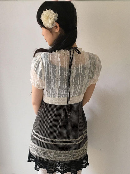 SicAstra Polka Dot Lace Ruffle Tie Bow Puff Sleeve Women&