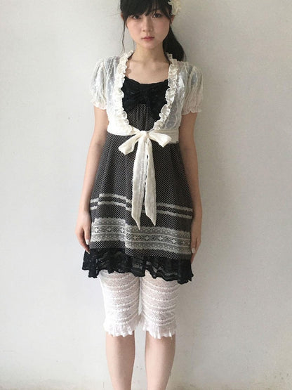 SicAstra Polka Dot Lace Ruffle Tie Bow Puff Sleeve Women&