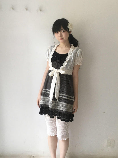 SicAstra Polka Dot Lace Ruffle Tie Bow Puff Sleeve Women&