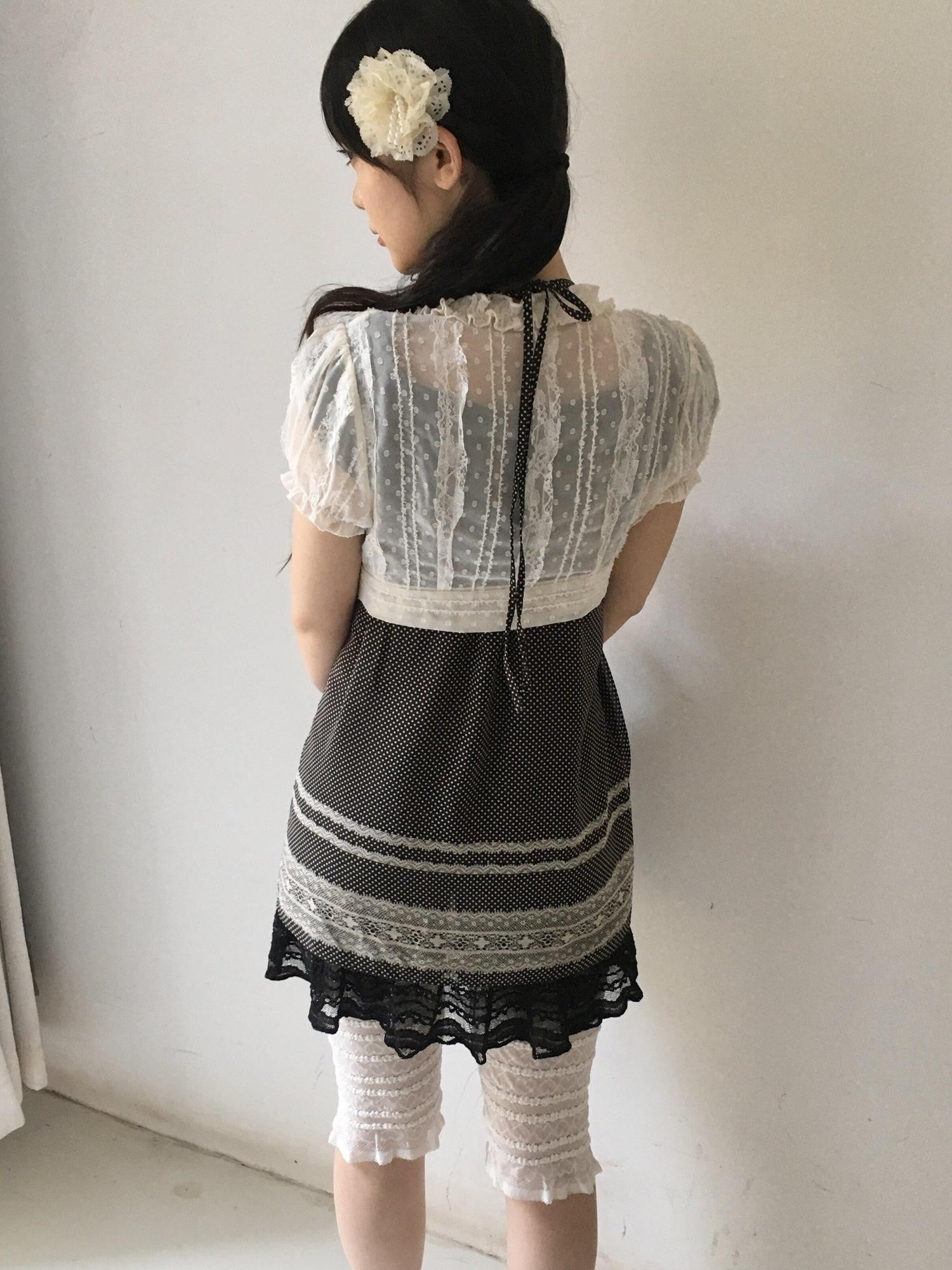 SicAstra Polka Dot Lace Ruffle Tie Bow Puff Sleeve Women&