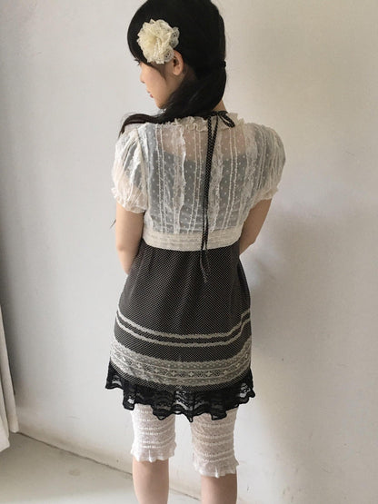 SicAstra Polka Dot Lace Ruffle Tie Bow Puff Sleeve Women&