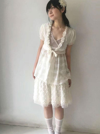 SicAstra Polka Dot Lace Ruffle Tie Bow Puff Sleeve Women&