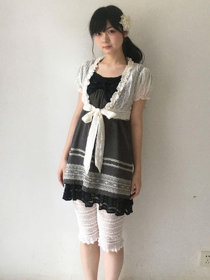 SicAstra Polka Dot Lace Ruffle Tie Bow Puff Sleeve Women&