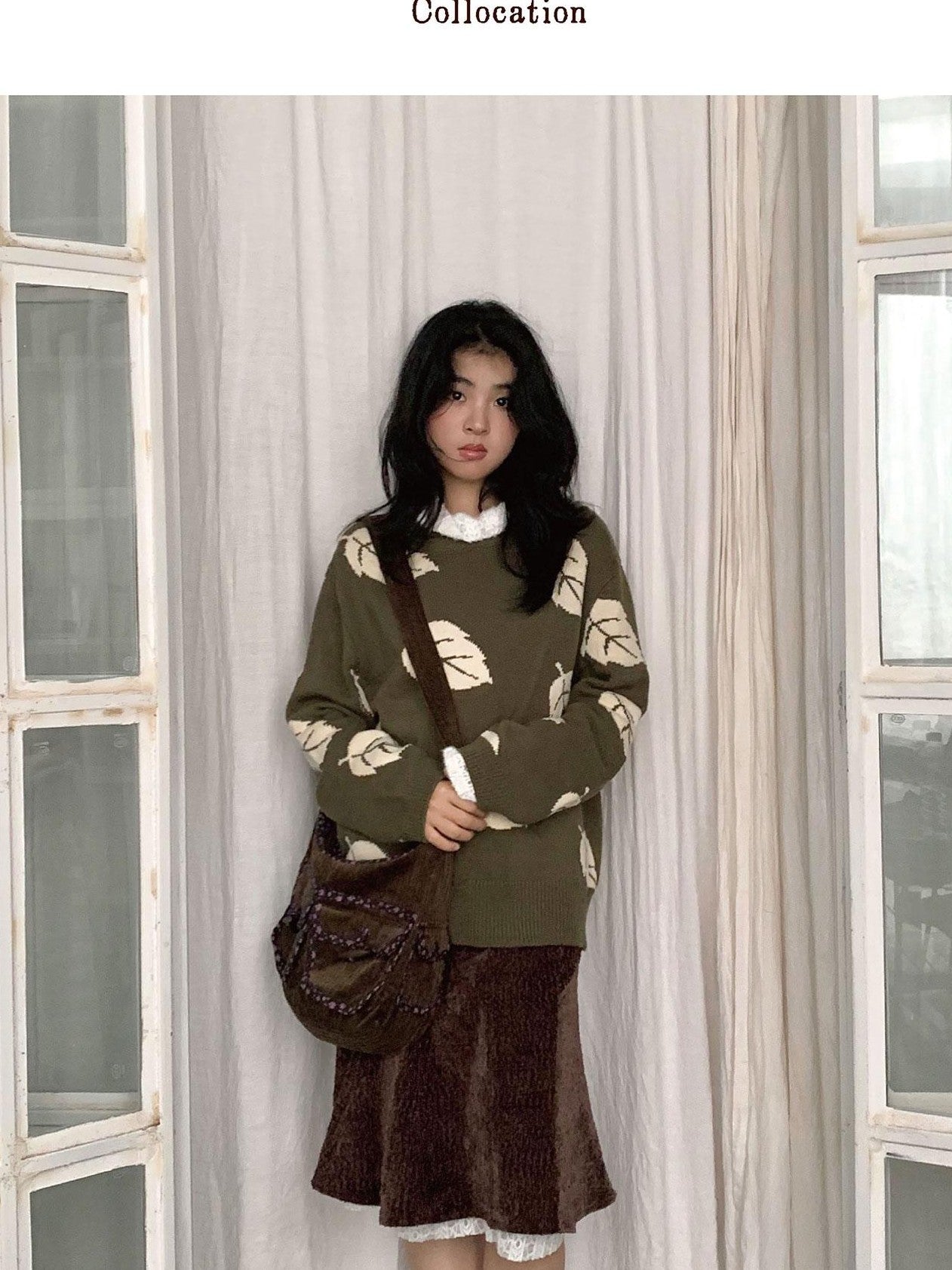 SicAstra Retro Leaf Jacquard Loose Round Neck Women&