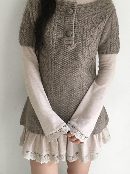 SicAstra Two Tone Cable Knit Buttoned Layered Crewneck Women&