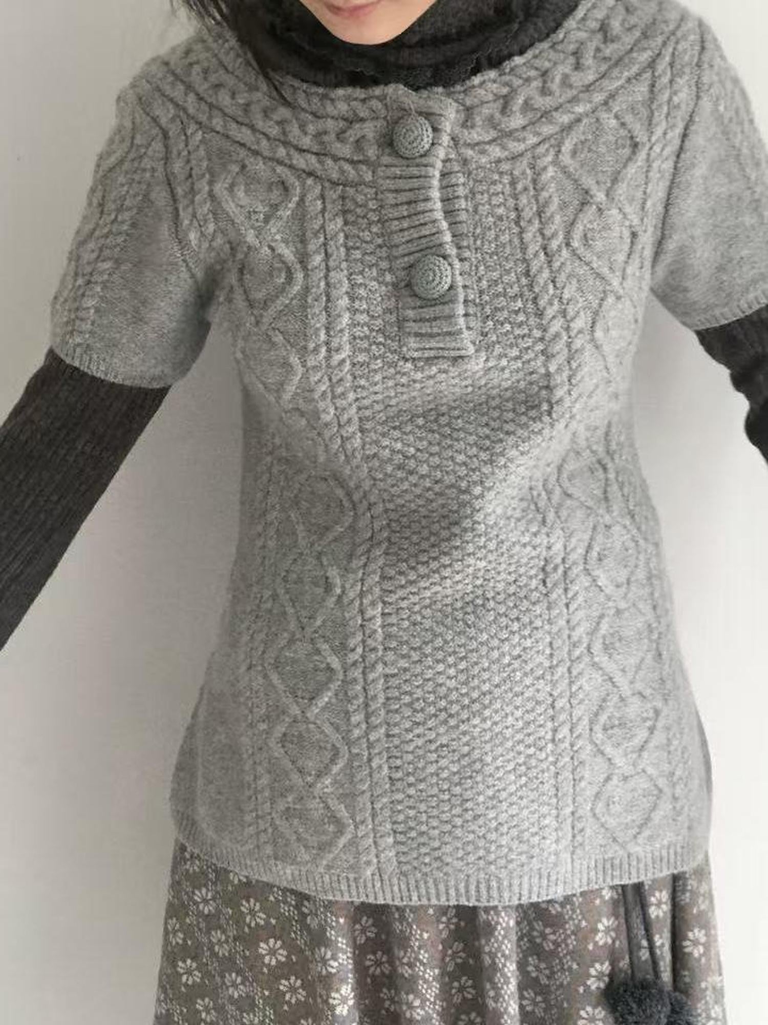 SicAstra Two Tone Cable Knit Buttoned Layered Crewneck Women&