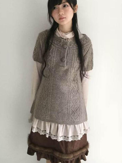 SicAstra Two Tone Cable Knit Buttoned Layered Crewneck Women&