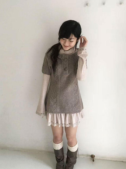 SicAstra Two Tone Cable Knit Buttoned Layered Crewneck Women&