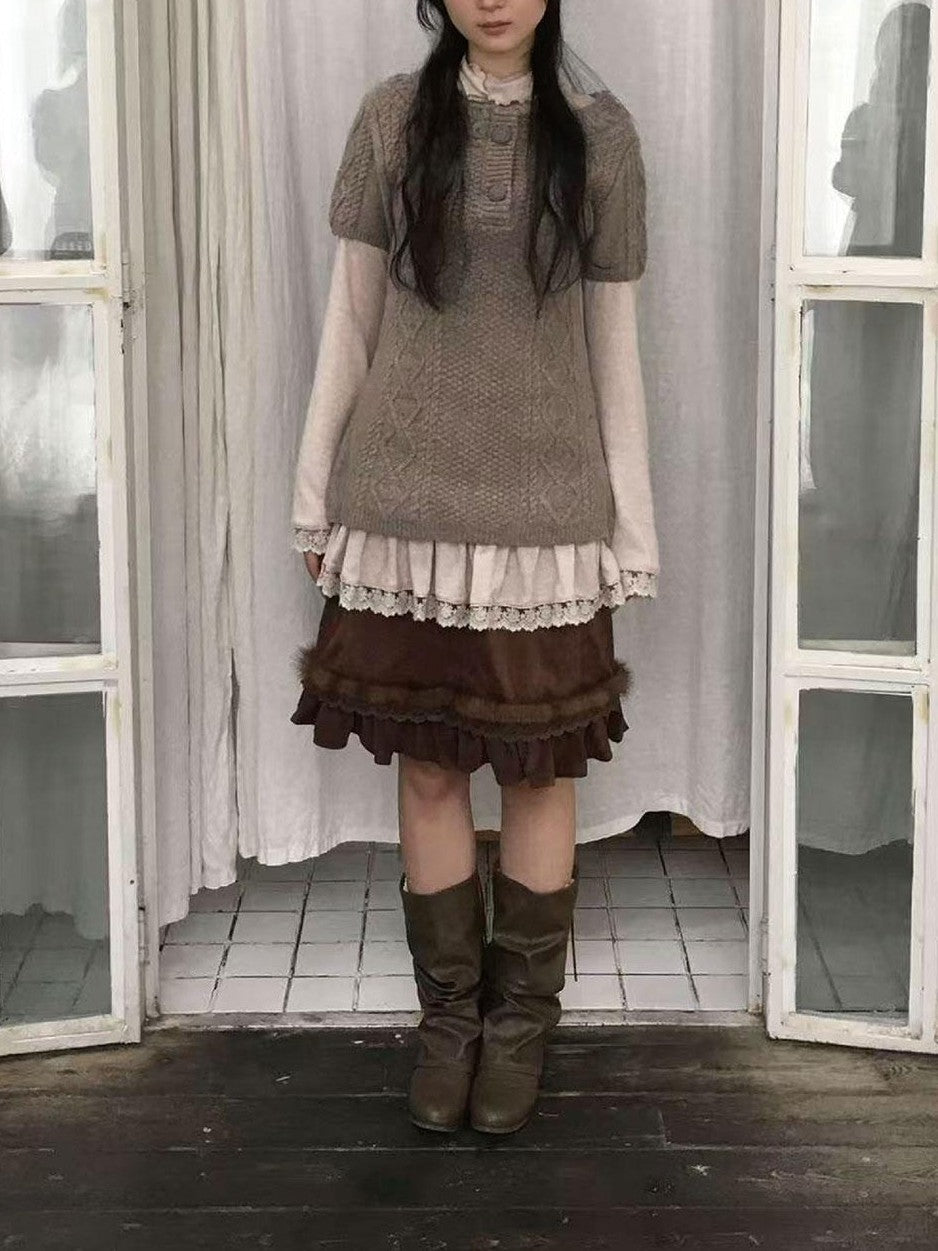 SicAstra Two Tone Cable Knit Buttoned Layered Crewneck Women&