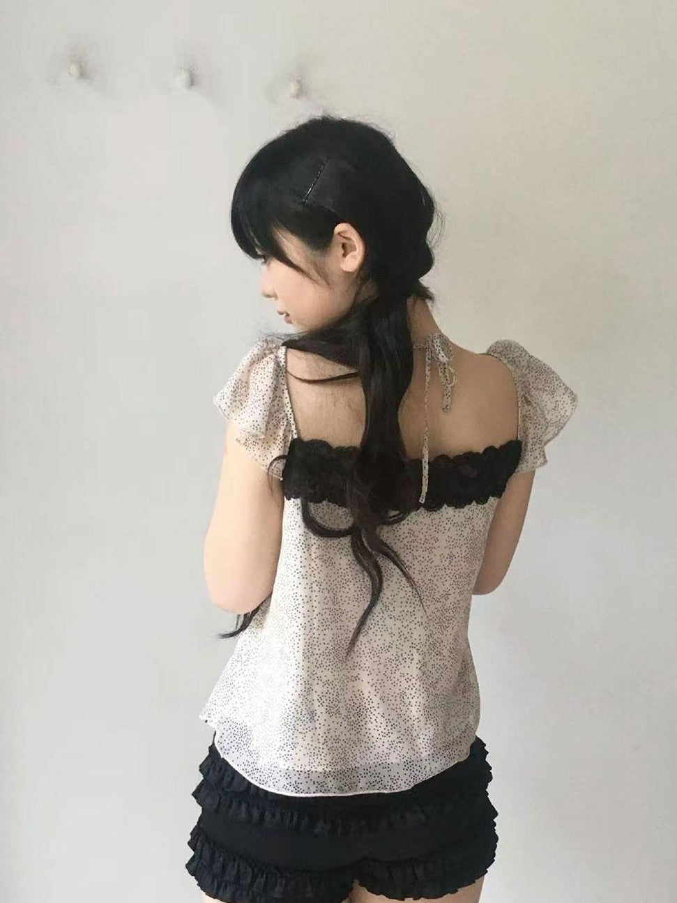 SicAstra Vintage Black Polka Dot Bow Tie Cropped Flutter Sleeve Women&
