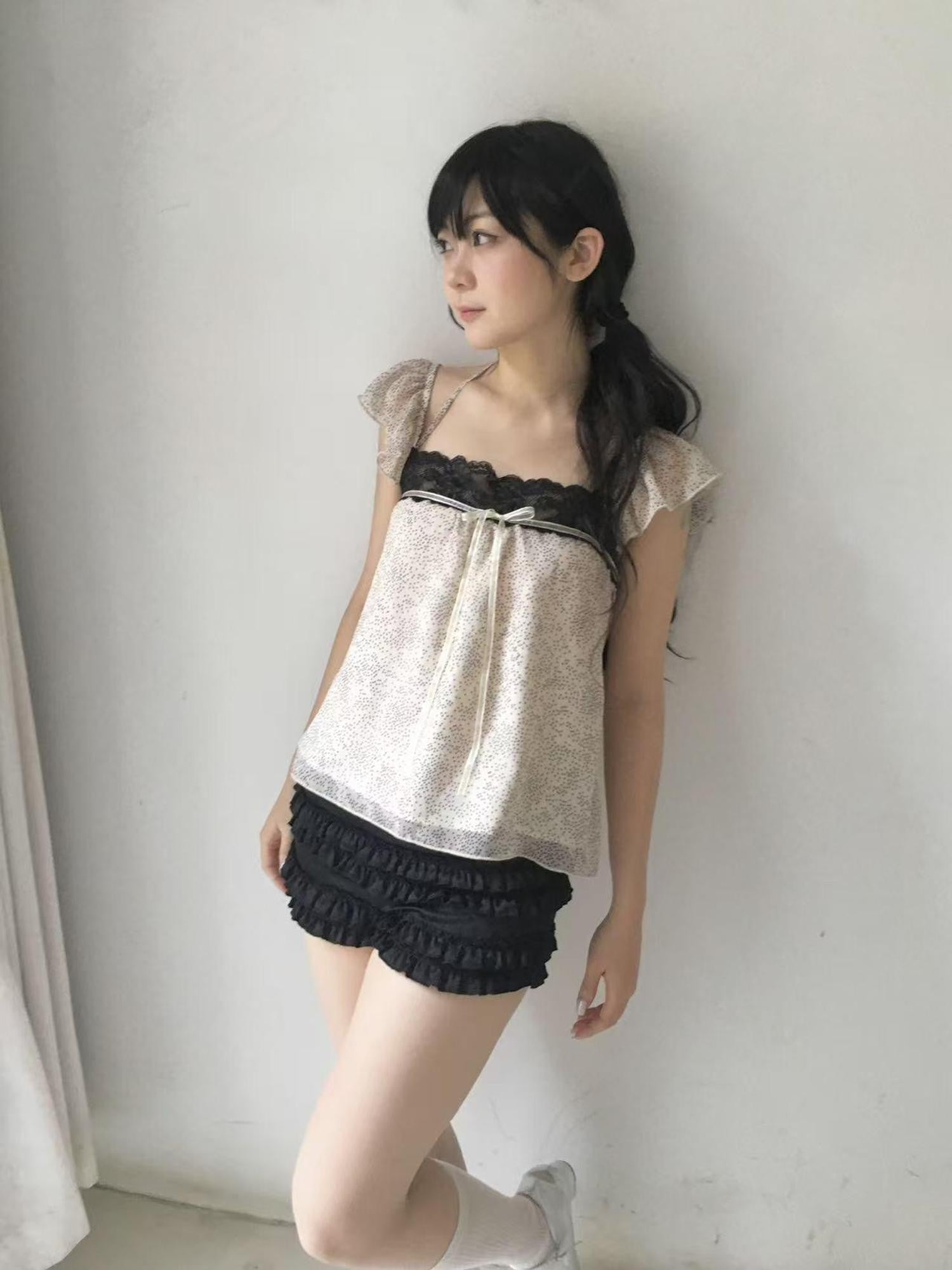 SicAstra Vintage Black Polka Dot Bow Tie Cropped Flutter Sleeve Women&
