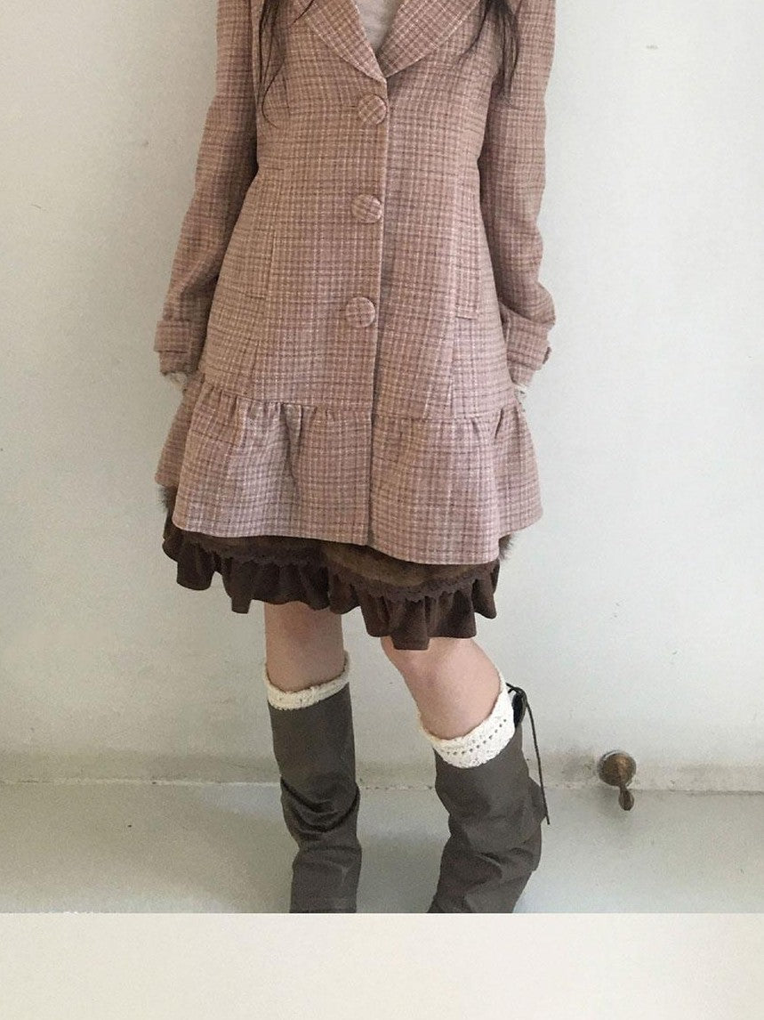 SicAstra Vintage Collegiate Plaid Blazer Collar Sweet Women&