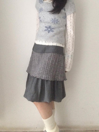 SicAstra Vintage Gray Knit Patchwork Flower Bud Pleated Women&