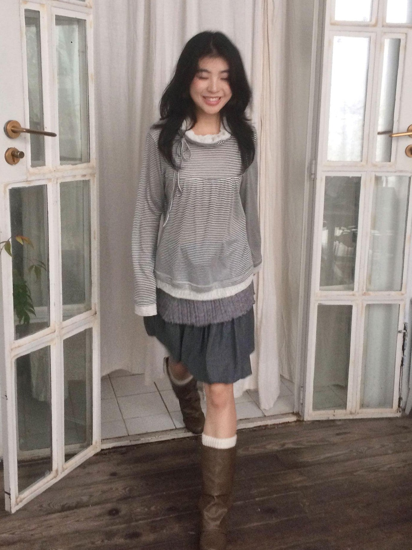 SicAstra Vintage Gray Knit Patchwork Flower Bud Pleated Women&