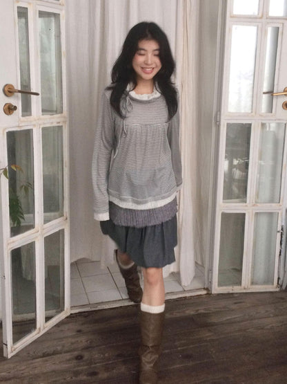 SicAstra Vintage Gray Knit Patchwork Flower Bud Pleated Women&