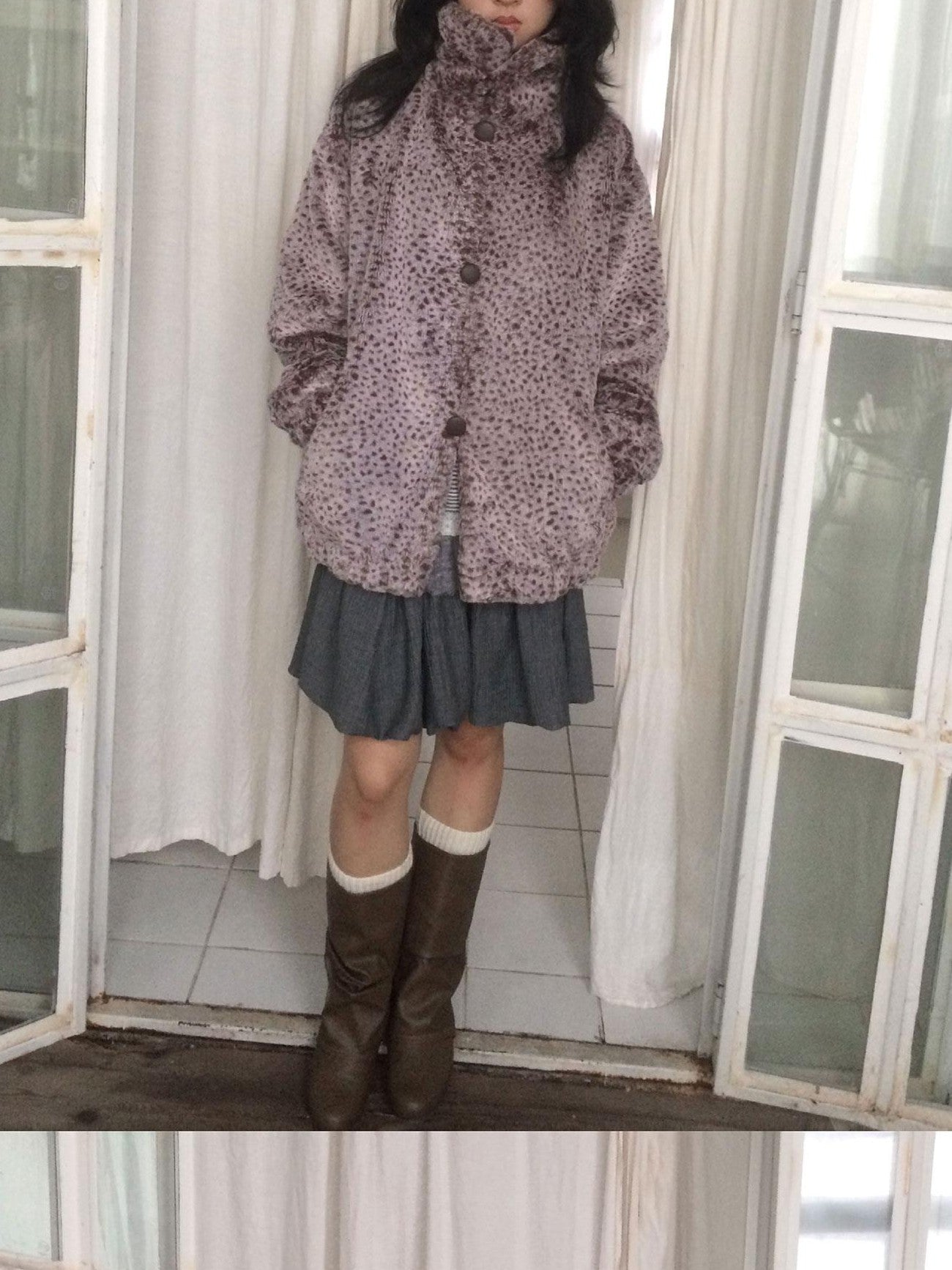 SicAstra Vintage Gray Knit Patchwork Flower Bud Pleated Women&