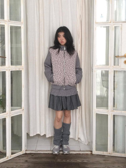 SicAstra Vintage Gray Knit Patchwork Flower Bud Pleated Women&