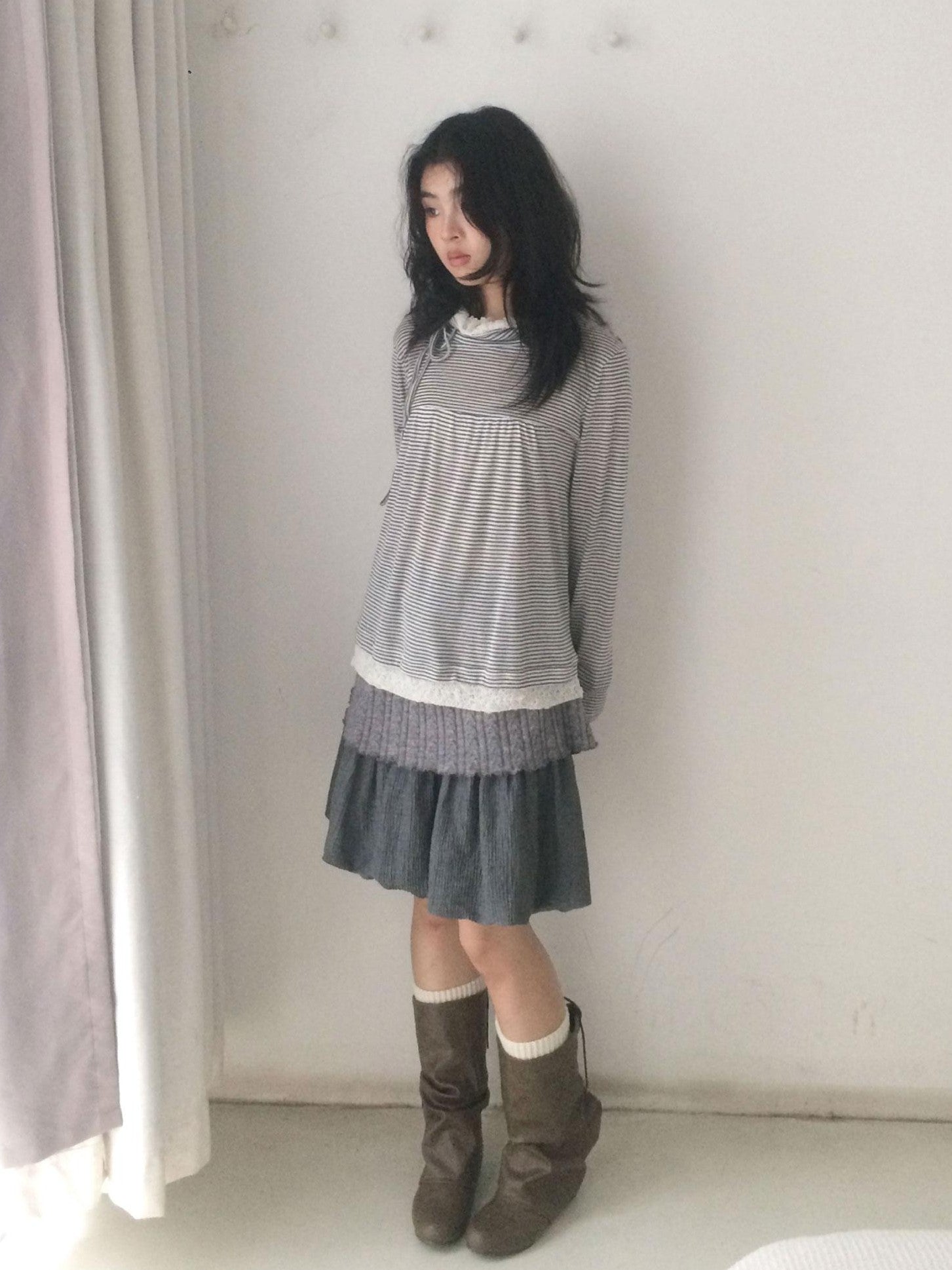 SicAstra Vintage Gray Knit Patchwork Flower Bud Pleated Women&