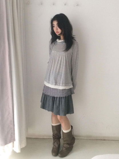 SicAstra Vintage Gray Knit Patchwork Flower Bud Pleated Women&
