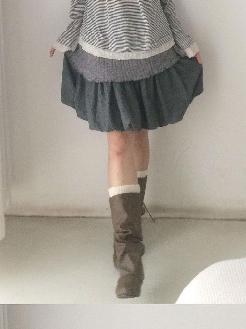 SicAstra Vintage Gray Knit Patchwork Flower Bud Pleated Women&