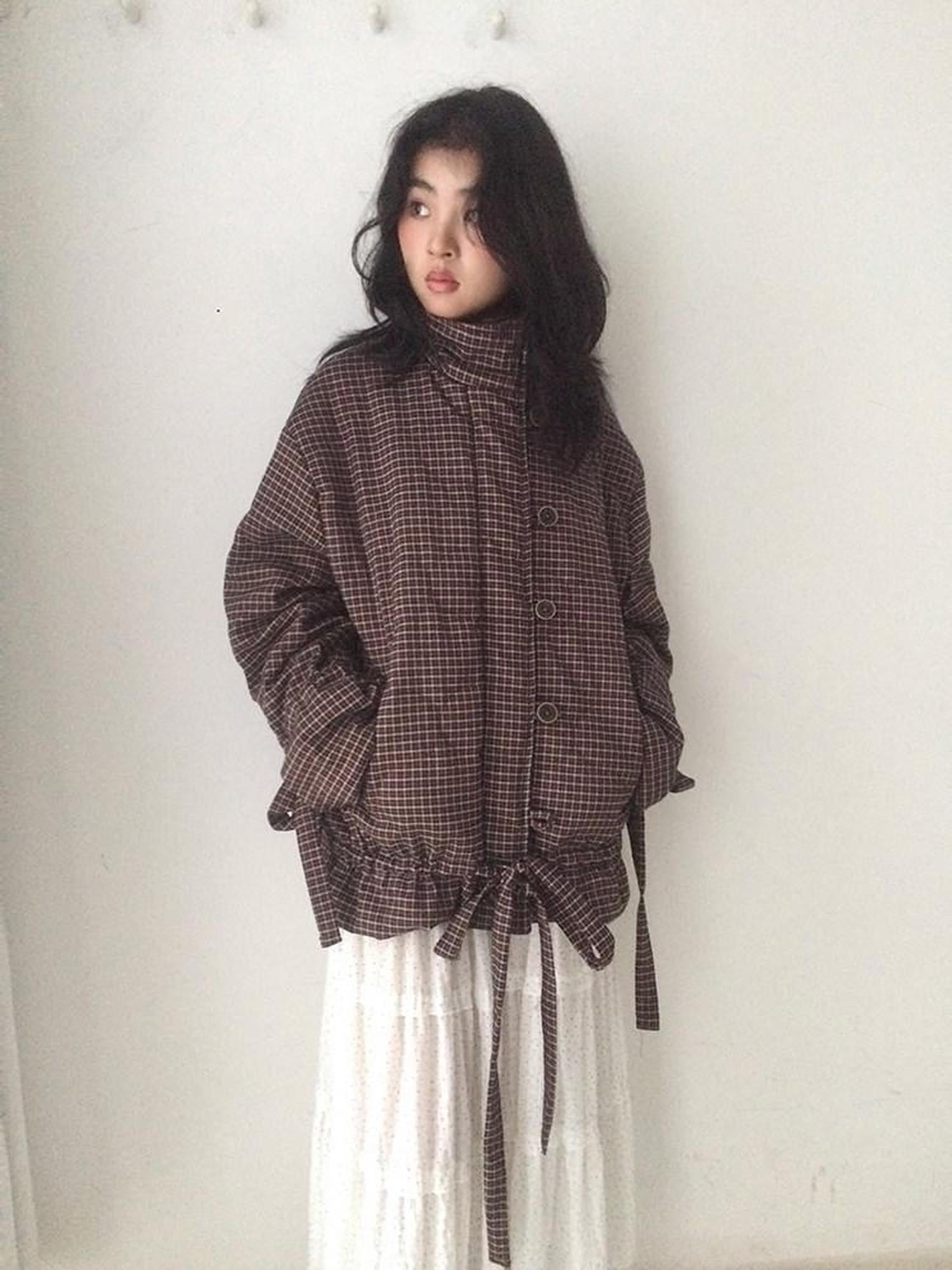 SicAstra Vintage Small Check Stand Collar Drawstring Women&