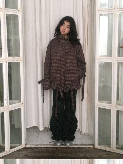 SicAstra Vintage Small Check Stand Collar Drawstring Women&