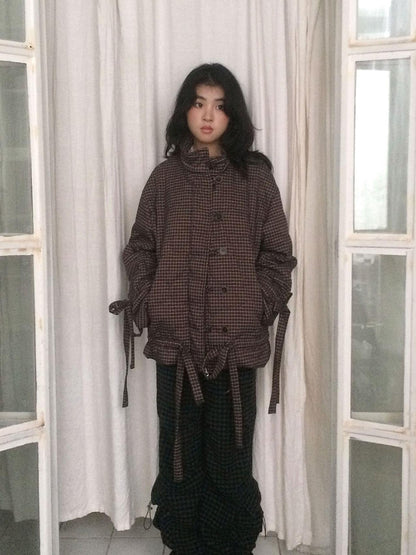 SicAstra Vintage Small Check Stand Collar Drawstring Women&