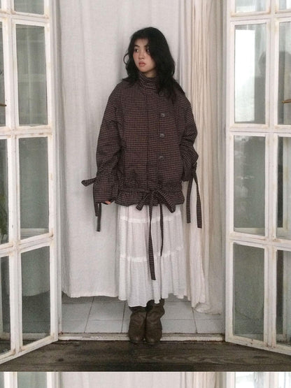 SicAstra Vintage Small Check Stand Collar Drawstring Women&