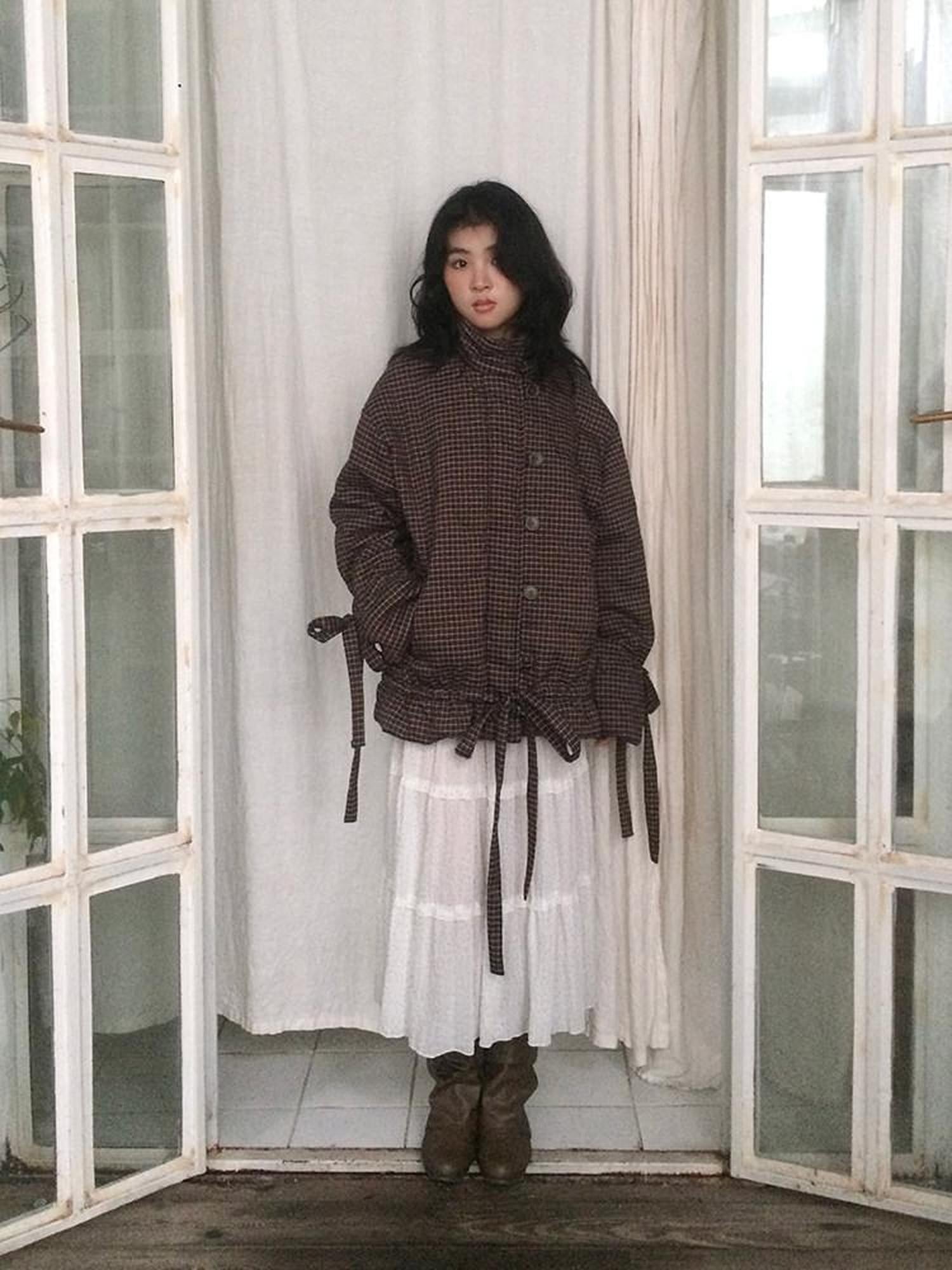 SicAstra Vintage Small Check Stand Collar Drawstring Women&