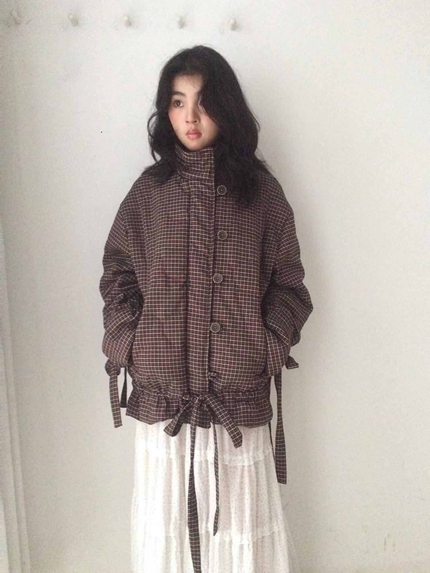 SicAstra Vintage Small Check Stand Collar Drawstring Women&